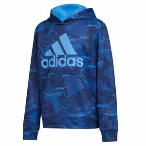 NWT - adidas Youth Blue fleece hoodie with camo all-over & Blue Logo - S…